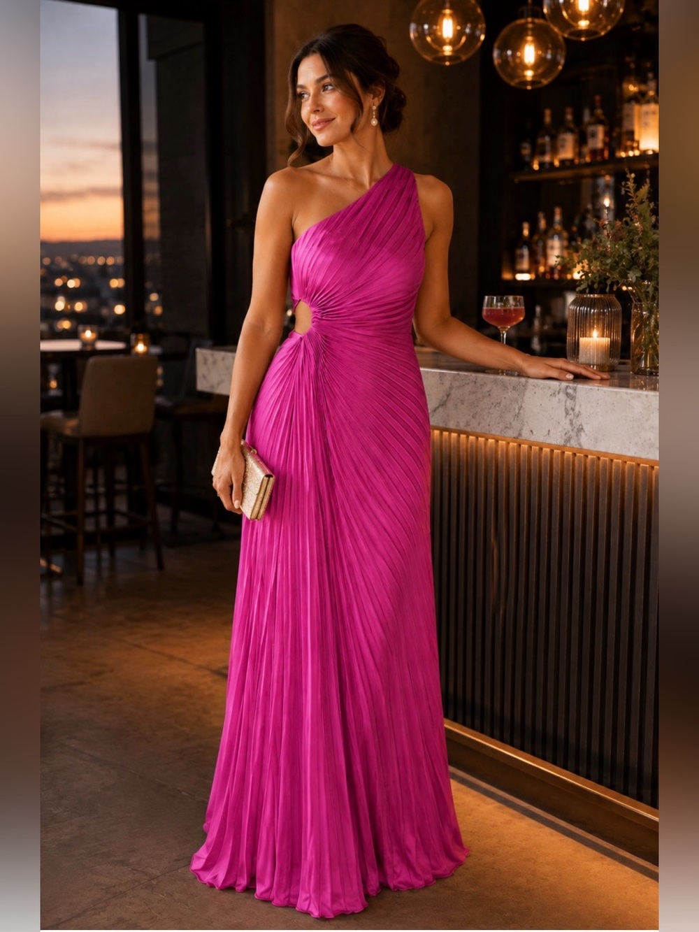 NWT Minuet Fuchsia Pleated One Shoulder Maxi Dress S Cutout